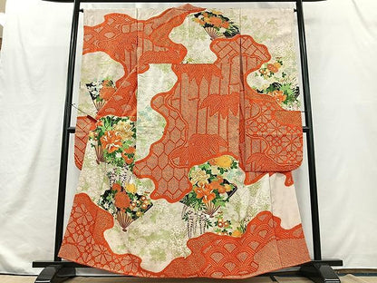 平和屋着物■豪華振袖　駒刺繍　絞り　扇面草花文　金彩　正絹　逸品　CABJ8289xe