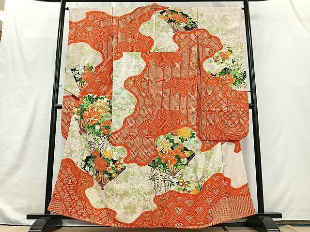 平和屋着物■豪華振袖　駒刺繍　絞り　扇面草花文　金彩　正絹　逸品　CABJ8289xe