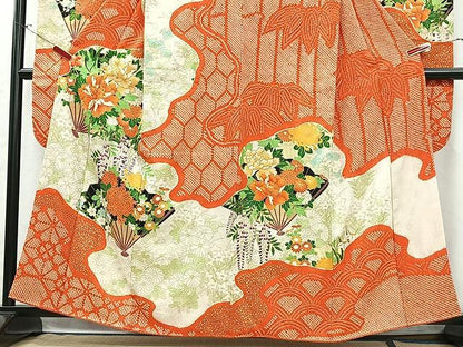 平和屋着物■豪華振袖　駒刺繍　絞り　扇面草花文　金彩　正絹　逸品　CABJ8289xe