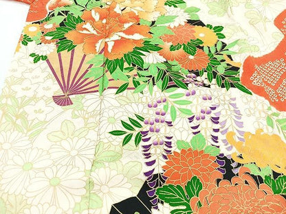 平和屋着物■豪華振袖　駒刺繍　絞り　扇面草花文　金彩　正絹　逸品　CABJ8289xe