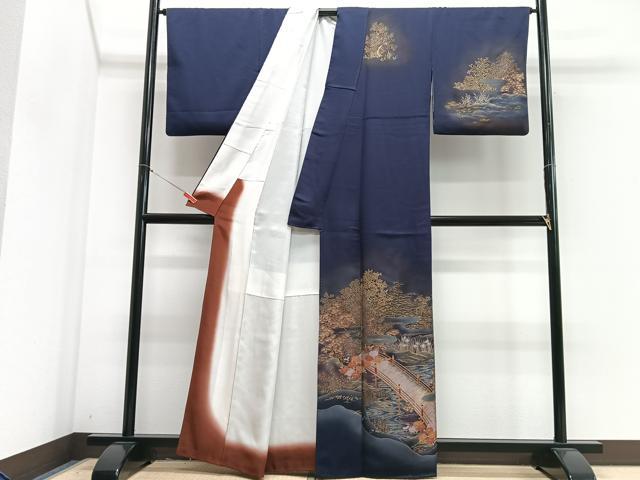 平和屋着物■訪問着　渡り橋風景文　暈し染め　金彩　正絹　逸品　CABJ8303xe