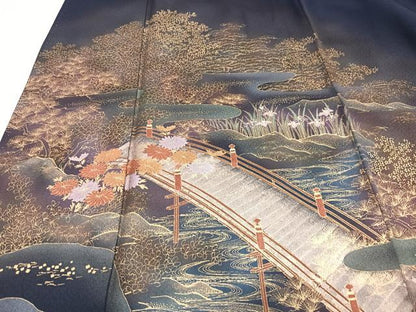 平和屋着物■訪問着　渡り橋風景文　暈し染め　金彩　正絹　逸品　CABJ8303xe