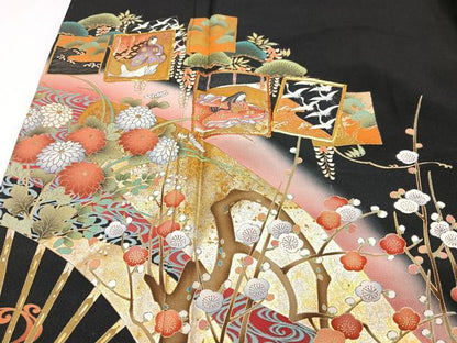 平和屋着物■豪華黒留袖　駒刺繍　十二単　流水色紙梅松文　暈し染め　金彩　正絹　逸品　CABJ8314xe