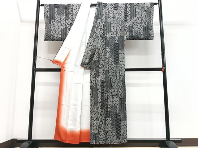 平和屋着物■上質な小紋　幾何学文様　黒地　鬼しぼ縮緬　正絹　逸品　CABJ8362xe