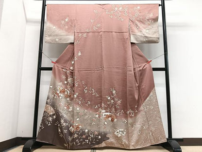 平和屋着物■訪問着　駒刺繍　流水地紙枝花文　暈し染め　金彩　正絹　逸品　CABJ8367xe