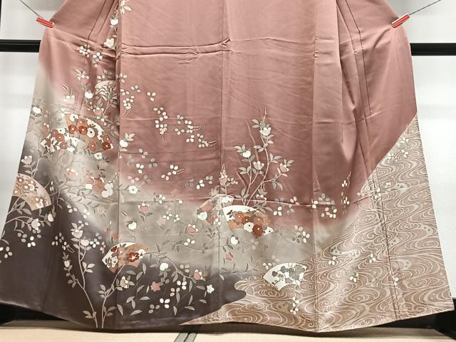平和屋着物■訪問着　駒刺繍　流水地紙枝花文　暈し染め　金彩　正絹　逸品　CABJ8367xe
