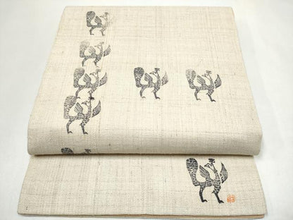 平和屋着物●太鼓柄袋帯　作家物　紬地　型染め　鳳凰　正絹　逸品　CABJ8404hy