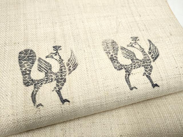 平和屋着物●太鼓柄袋帯　作家物　紬地　型染め　鳳凰　正絹　逸品　CABJ8404hy