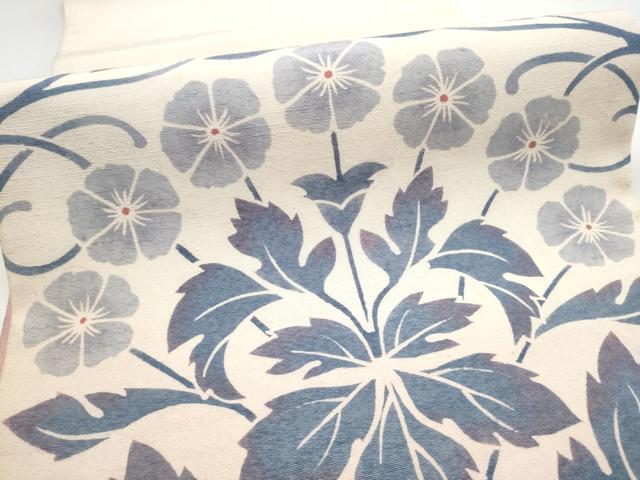 平和屋着物●太鼓柄袋帯　紬地　型染め　草花文　正絹　逸品　CABJ8409hy