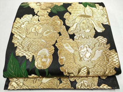 平和屋着物●全通柄袋帯　舞花文　黒地　金糸　正絹　逸品　CABJ8412hy