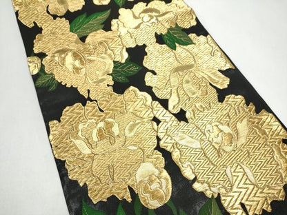 平和屋着物●全通柄袋帯　舞花文　黒地　金糸　正絹　逸品　CABJ8412hy