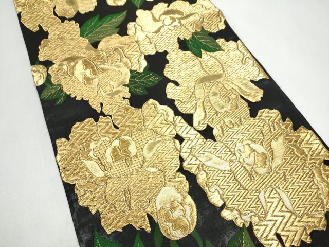 平和屋着物●全通柄袋帯　舞花文　黒地　金糸　正絹　逸品　CABJ8412hy