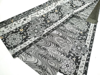 平和屋着物●六通柄袋帯　向かい鳥正倉院花文　黒地　銀糸　正絹　逸品　CABJ8416hy