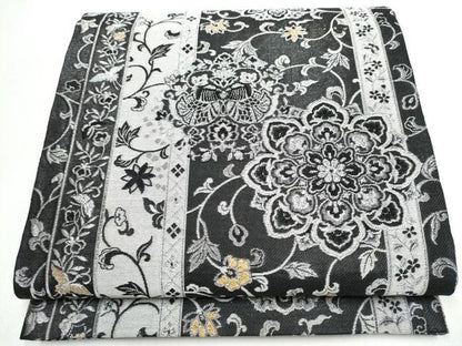 平和屋着物●六通柄袋帯　向かい鳥正倉院花文　黒地　銀糸　正絹　逸品　CABJ8416hy