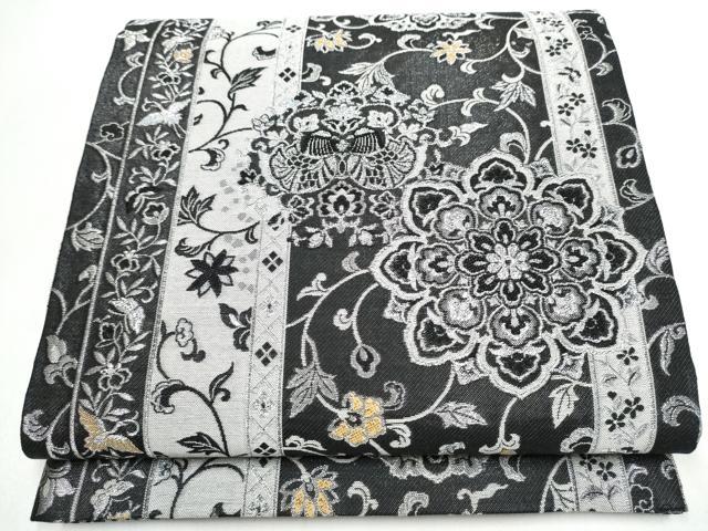 平和屋着物●六通柄袋帯　向かい鳥正倉院花文　黒地　銀糸　正絹　逸品　CABJ8416hy