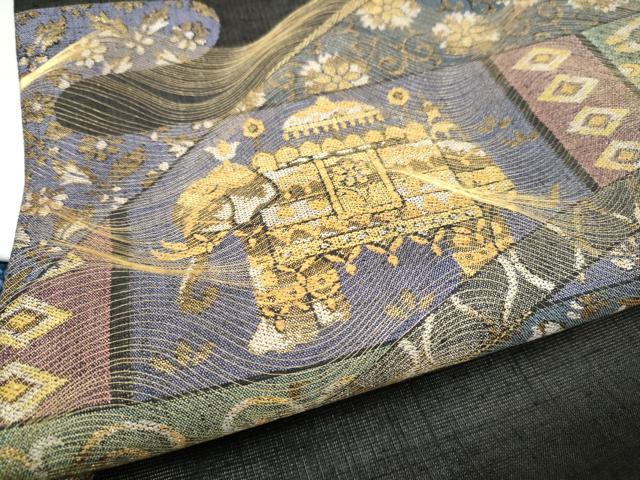 平和屋着物●名門　しょうざん　生紬　紙屋川伝承　絹漉貴　太鼓柄袋帯　象　花唐草文　金糸　証紙付き　正絹　逸品　CABJ8421hy