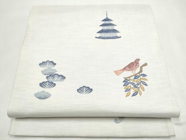 平和屋着物●六通柄袋帯　休み鳥風景文　正絹　逸品　CABJ8425hy