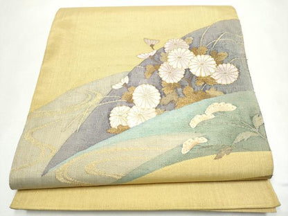平和屋着物●太鼓柄袋帯　すくい織　流水菊文　金糸　正絹　逸品　CABJ8426hy