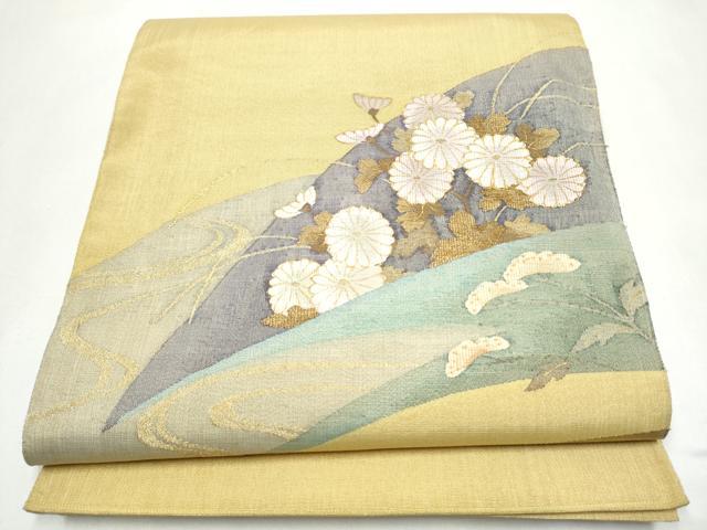 平和屋着物●太鼓柄袋帯　すくい織　流水菊文　金糸　正絹　逸品　CABJ8426hy