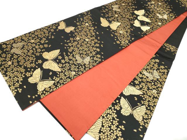 平和屋着物●染色作家　斉藤三才　六通柄袋帯　舞蝶桜文　黒地　金糸　正絹　逸品　CABJ8434hy