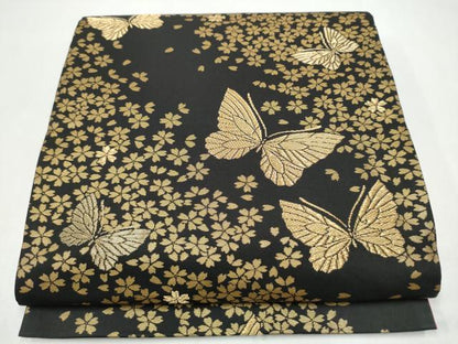 平和屋着物●染色作家　斉藤三才　六通柄袋帯　舞蝶桜文　黒地　金糸　正絹　逸品　CABJ8434hy
