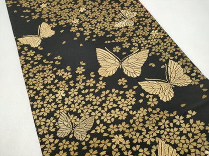 平和屋着物●染色作家　斉藤三才　六通柄袋帯　舞蝶桜文　黒地　金糸　正絹　逸品　CABJ8434hy