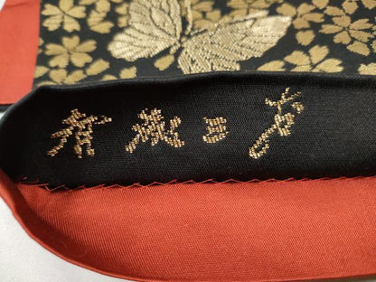 平和屋着物●染色作家　斉藤三才　六通柄袋帯　舞蝶桜文　黒地　金糸　正絹　逸品　CABJ8434hy