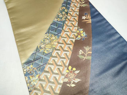 平和屋着物●染色作家　斉藤三才　両面　太鼓柄袋帯　幾何学花文　三才鳥　金彩　正絹　逸品　CABJ8435hy