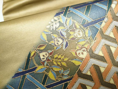 平和屋着物●染色作家　斉藤三才　両面　太鼓柄袋帯　幾何学花文　三才鳥　金彩　正絹　逸品　CABJ8435hy