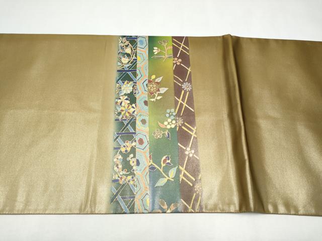 平和屋着物●染色作家　斉藤三才　両面　太鼓柄袋帯　幾何学花文　三才鳥　金彩　正絹　逸品　CABJ8435hy