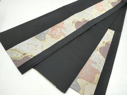 平和屋着物●六通柄袋帯　市楽献上波文様　黒地　金銀糸　正絹　逸品　CABJ8437hy
