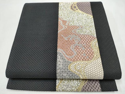 平和屋着物●六通柄袋帯　市楽献上波文様　黒地　金銀糸　正絹　逸品　CABJ8437hy