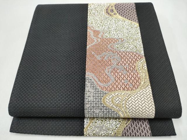 平和屋着物●六通柄袋帯　市楽献上波文様　黒地　金銀糸　正絹　逸品　CABJ8437hy