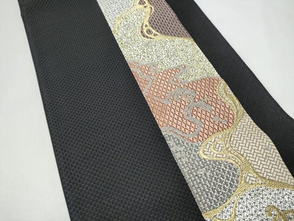 平和屋着物●六通柄袋帯　市楽献上波文様　黒地　金銀糸　正絹　逸品　CABJ8437hy