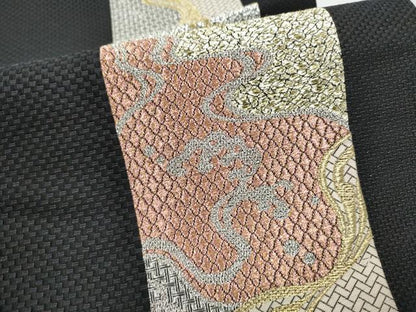 平和屋着物●六通柄袋帯　市楽献上波文様　黒地　金銀糸　正絹　逸品　CABJ8437hy