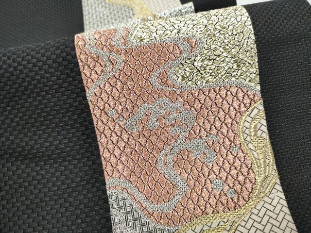 平和屋着物●六通柄袋帯　市楽献上波文様　黒地　金銀糸　正絹　逸品　CABJ8437hy