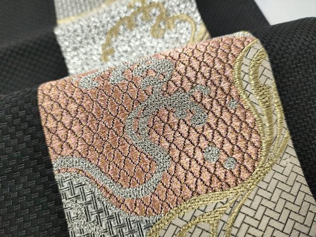 平和屋着物●六通柄袋帯　市楽献上波文様　黒地　金銀糸　正絹　逸品　CABJ8437hy