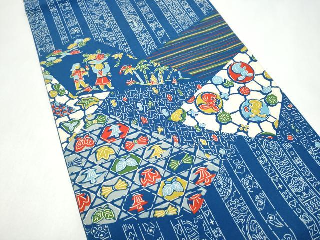 平和屋着物●太鼓柄　京袋帯　型染め　兎　人物幾何学文様　正絹　逸品　CABJ8438hy