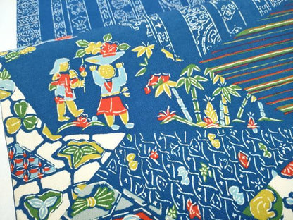 平和屋着物●太鼓柄　京袋帯　型染め　兎　人物幾何学文様　正絹　逸品　CABJ8438hy