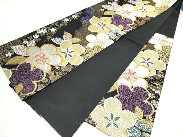 平和屋着物●六通柄袋帯　舞花文　黒地　金銀糸　正絹　逸品　CABJ8465hy