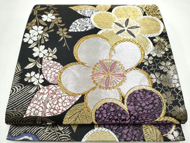 平和屋着物●六通柄袋帯　舞花文　黒地　金銀糸　正絹　逸品　CABJ8465hy