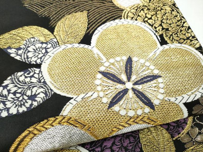 平和屋着物●六通柄袋帯　舞花文　黒地　金銀糸　正絹　逸品　CABJ8465hy