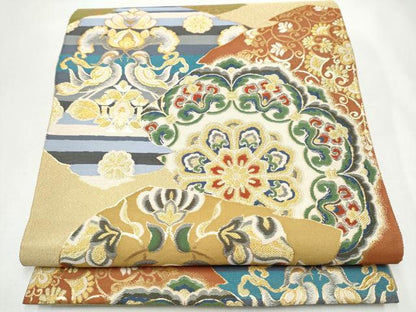 平和屋着物●六通柄袋帯　紹巴　正倉院鴛鴦花文　金糸　正絹　逸品　未使用　CABJ8476hy