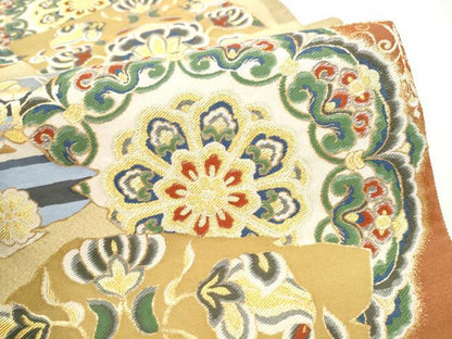 平和屋着物●六通柄袋帯　紹巴　正倉院鴛鴦花文　金糸　正絹　逸品　未使用　CABJ8476hy