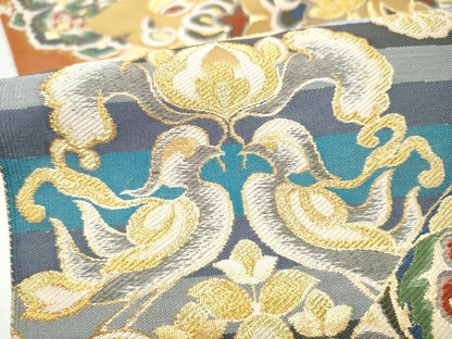 平和屋着物●六通柄袋帯　紹巴　正倉院鴛鴦花文　金糸　正絹　逸品　未使用　CABJ8476hy