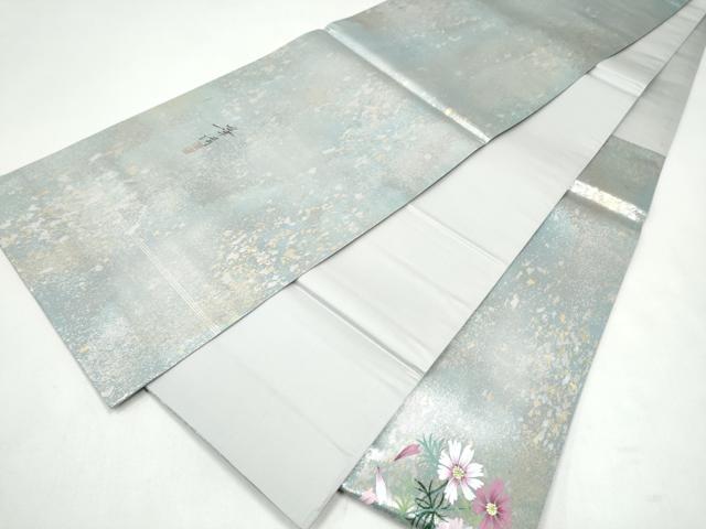 平和屋着物●巨匠　前田華清　手描き　太鼓柄袋帯　草花文　引箔　正絹　逸品　CABJ8478hy
