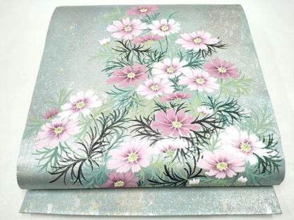 平和屋着物●巨匠　前田華清　手描き　太鼓柄袋帯　草花文　引箔　正絹　逸品　CABJ8478hy