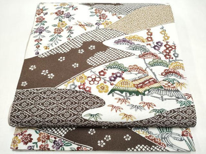 平和屋着物●全通柄袋帯　型染め　松竹梅風景文　正絹　逸品　CABJ8482hy