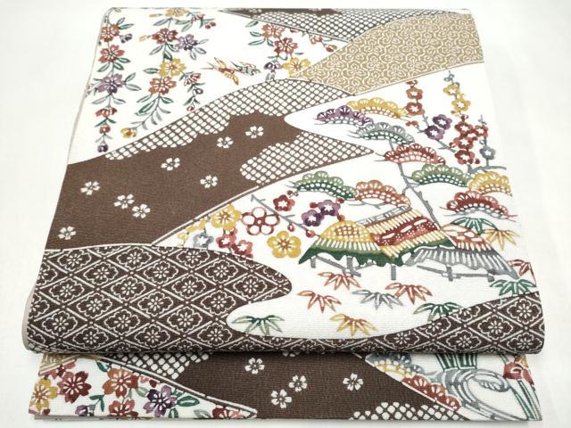 平和屋着物●全通柄袋帯　型染め　松竹梅風景文　正絹　逸品　CABJ8482hy