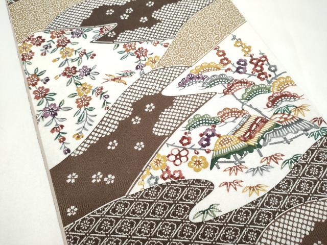 平和屋着物●全通柄袋帯　型染め　松竹梅風景文　正絹　逸品　CABJ8482hy